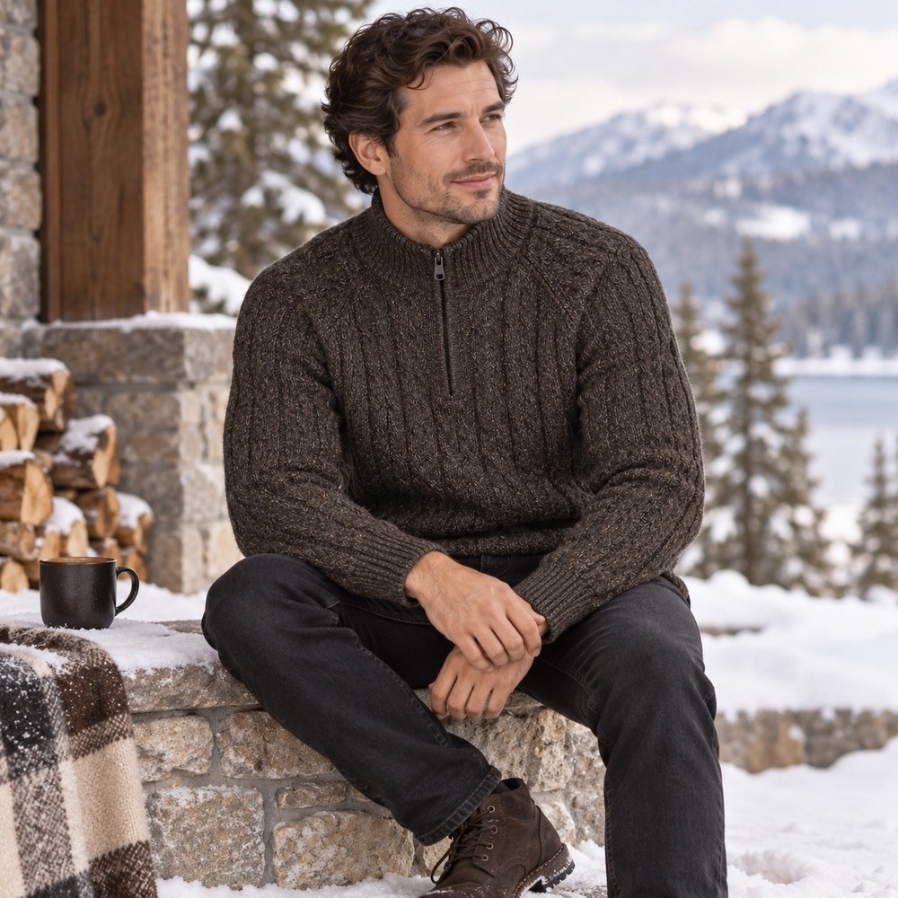 Peruvian Alpaca Wool Sweater Mens XL Brown Cable Knit Quarter Zip Gorp Luxury
